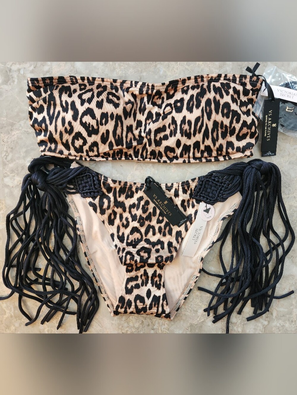 S/S VS Archives Swim Bandeau Bikini Top Macrame Fringe Cheeky Bikini Set Leopard